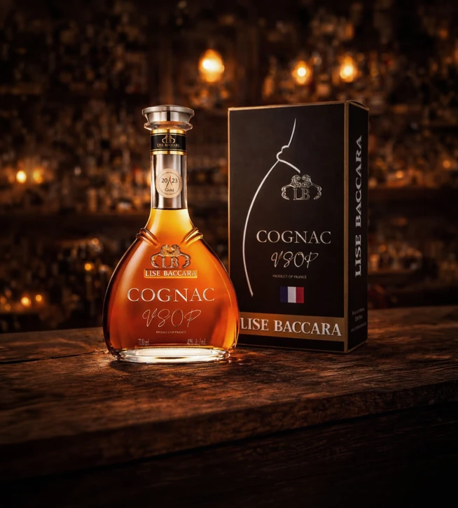 Bouteille de cognac VS Meukow dans un environnement studio sur fond blanc